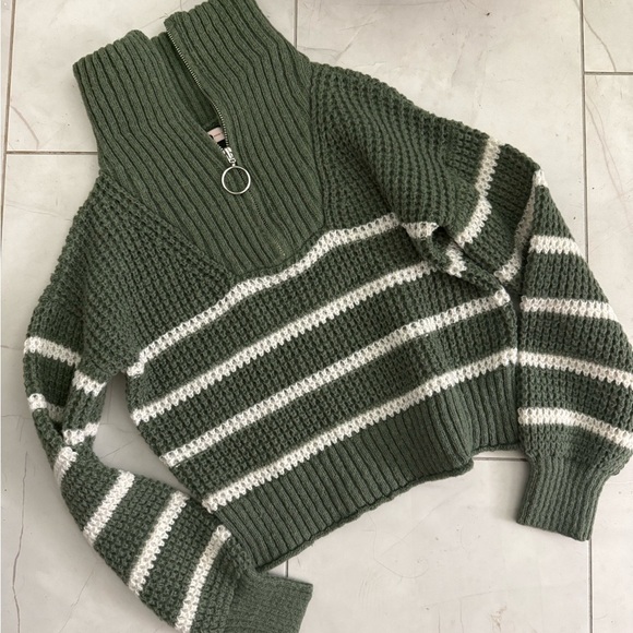 SO Olive and White Striped Women's Turtleneck Sweater - Picture 1 of 2
